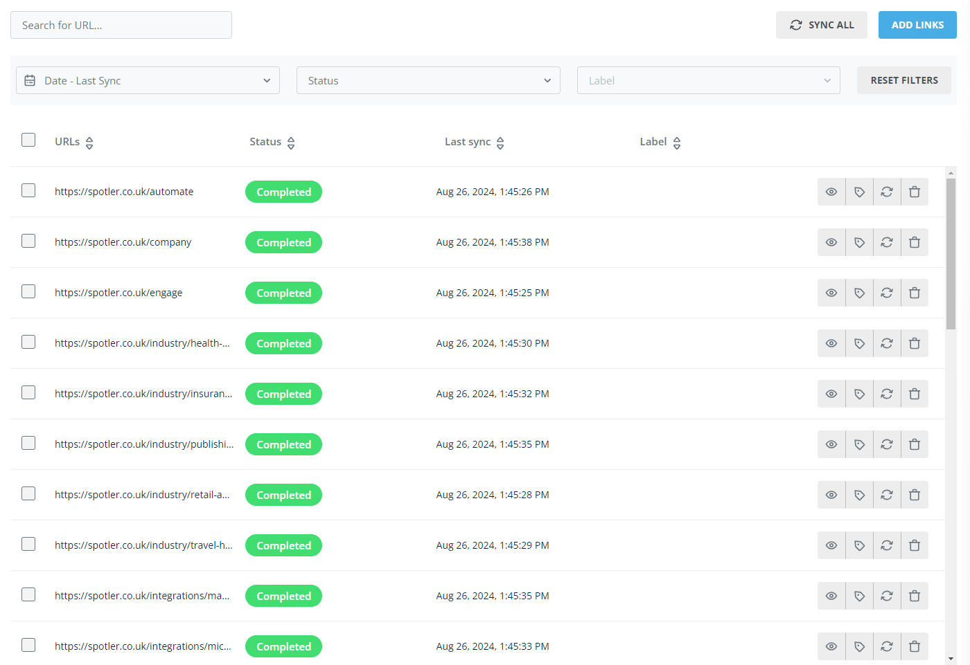 Overview of configured URLs in Smart AIgent