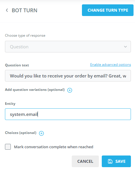 Create a bot question: 'Great, what's your mail address?