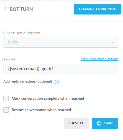 Create a bot reply to confirm the user's email