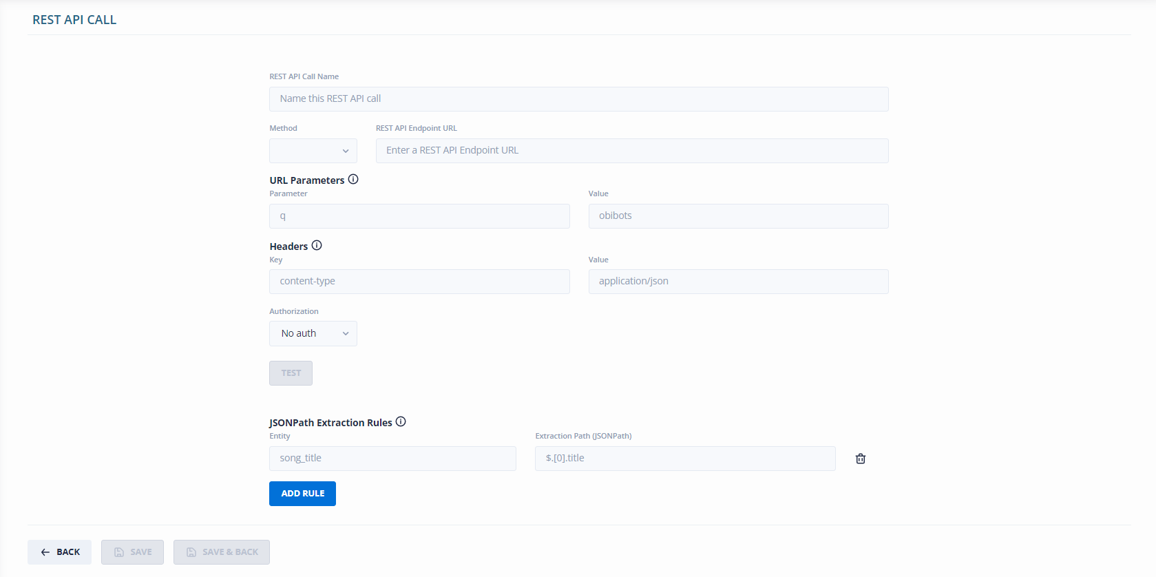 Create New REST API Call' button.