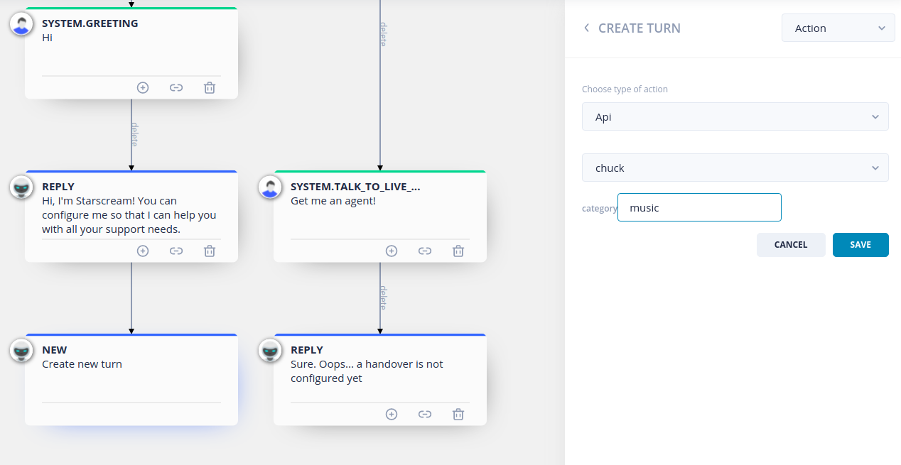 From the dialog manager, create an API turn by selecting 'Api' as the action type from the side bar: