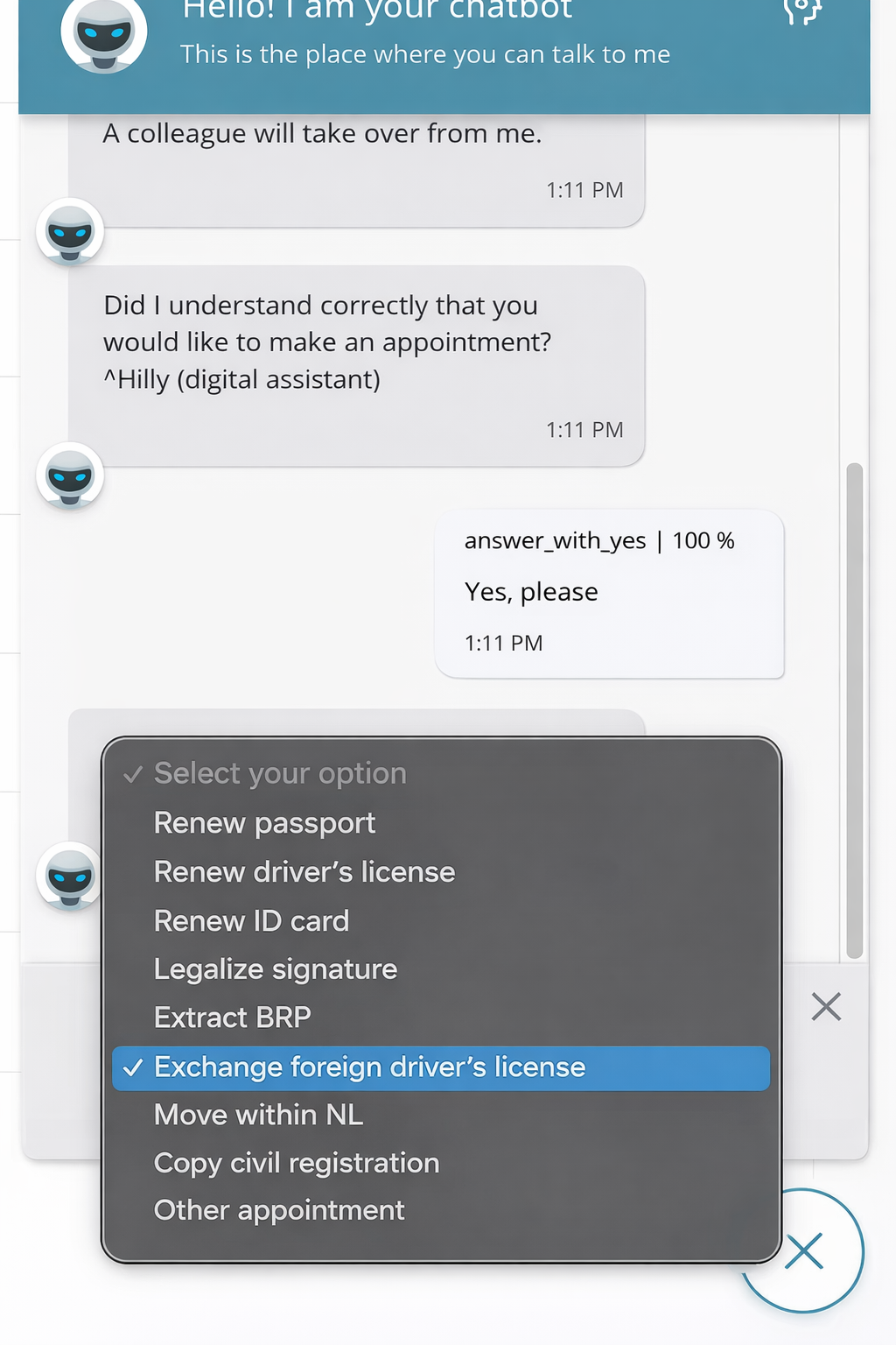 Chatbot dropdown with appointment types from JCC, including passport renewal, driver's license renewal, ID card renewal, and other services